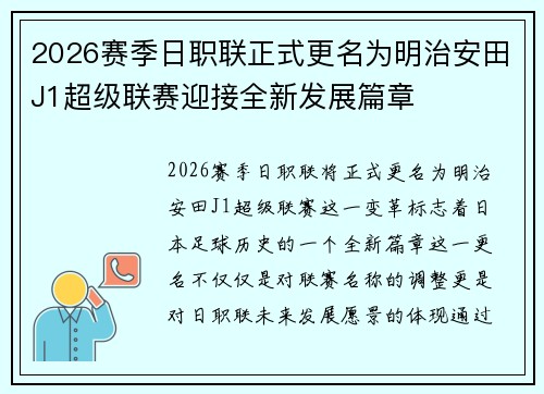 2026赛季日职联正式更名为明治安田J1超级联赛迎接全新发展篇章
