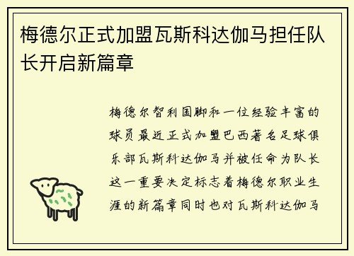 梅德尔正式加盟瓦斯科达伽马担任队长开启新篇章